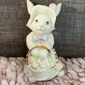 Porcelain Cat Figurine with Pink Accents and Gold Trim